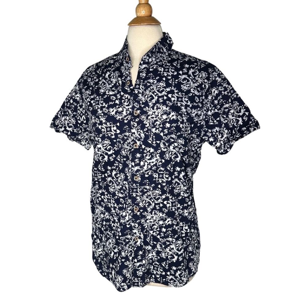 Navy White Denim & Flower Slim Fit Floral Short Sleeve Button Down Shirt